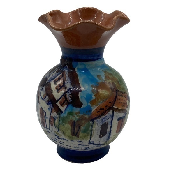 Vintage Mexican Hand Painted Pottery Vase with Ruffle Top Art Deco - Picture 1 of 8